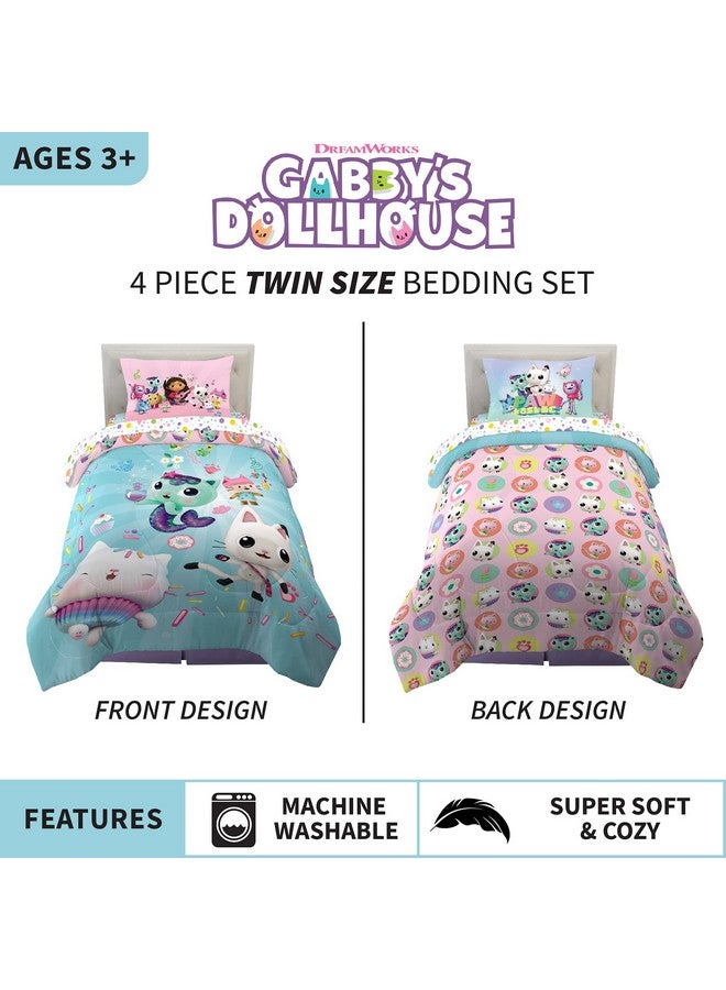 Dreamworks Gabby'S Dollhouse Cakey, Mercat And Pandy Kids Bedding Super Soft Comforter And Sheet Set, 4 Piece Twin Size, By Franco