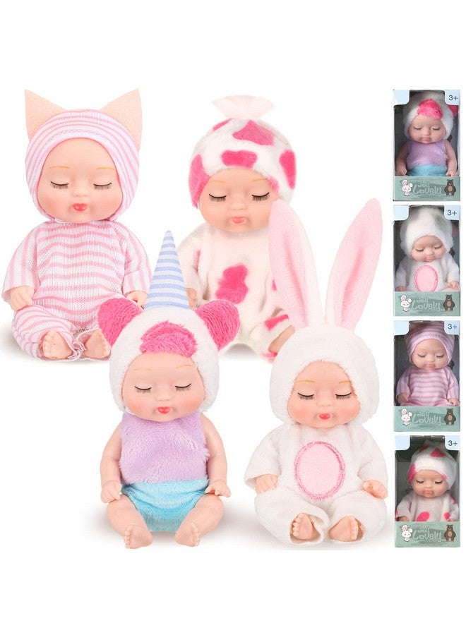 4 Pcs 4 Inch Mini Baby Dolls Lifelike Realistic Baby Dolls Animal Clothes Cute Tiny Babies Gifts For Kids Birthday Baby Shower (Lovely Style)