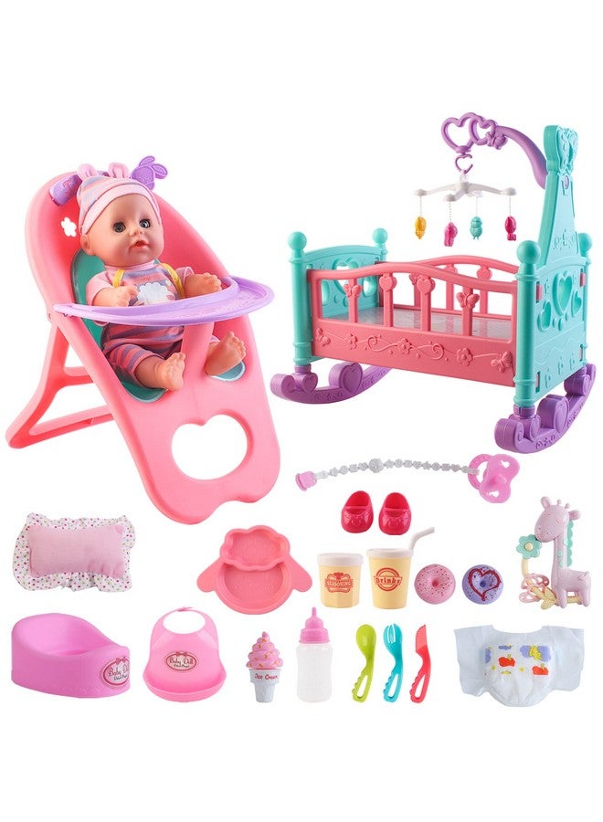 Baby Doll Set With Crib Bed High Chair Stroller Baby Doll Accessories 20 Pieces Play Set Birthday For Girls Boys Kids