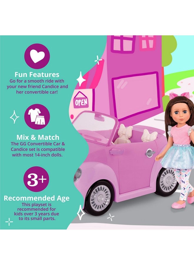 Purple Convertible Car & 14 Inch Poseable Doll Candice Rolling Wheels, Opening Doors, Trunk & Interior Storage Toys, Clothes, And Accessories For Ages 3+