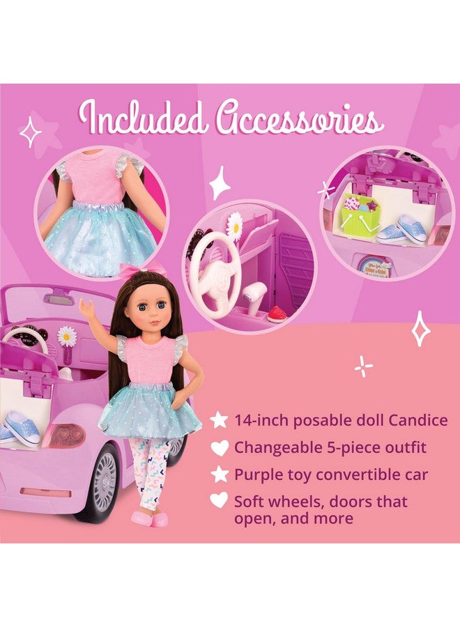 Purple Convertible Car & 14 Inch Poseable Doll Candice Rolling Wheels, Opening Doors, Trunk & Interior Storage Toys, Clothes, And Accessories For Ages 3+