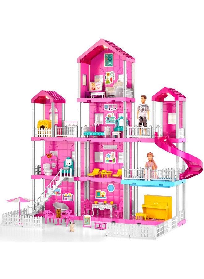 Dollhouse With 2 Doll Toy Figures, 4 Story 10 Rooms Dollhouse With Accessories And Furniture, Toddler Dollhouse Kit Gift For Kids Ages 3 Toys For 3 4 5 6 Year Old Girls