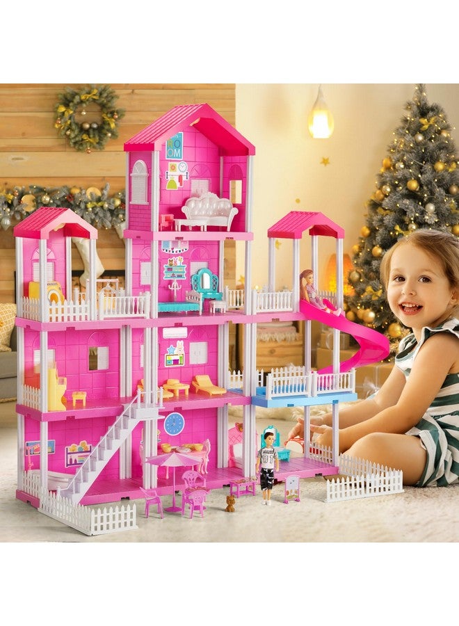 Dollhouse With 2 Doll Toy Figures, 4 Story 10 Rooms Dollhouse With Accessories And Furniture, Toddler Dollhouse Kit Gift For Kids Ages 3 Toys For 3 4 5 6 Year Old Girls