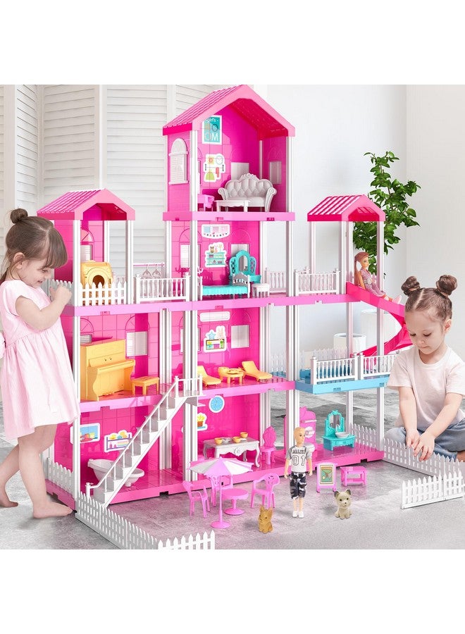 Dollhouse With 2 Doll Toy Figures, 4 Story 10 Rooms Dollhouse With Accessories And Furniture, Toddler Dollhouse Kit Gift For Kids Ages 3 Toys For 3 4 5 6 Year Old Girls