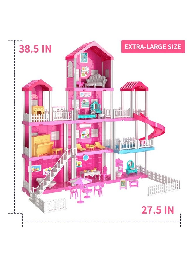 Dollhouse With 2 Doll Toy Figures, 4 Story 10 Rooms Dollhouse With Accessories And Furniture, Toddler Dollhouse Kit Gift For Kids Ages 3 Toys For 3 4 5 6 Year Old Girls