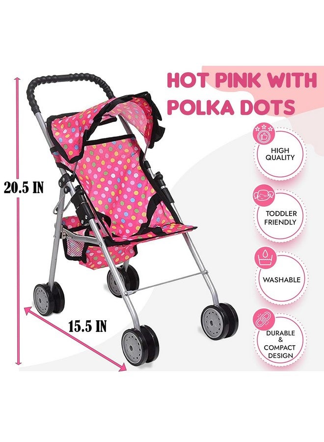 My First Baby Doll Stroller Pink Polka Dot Doll Stroller With Basket Soft Grib Handle. Foldable With Hood Toy Doll Pram Baby Doll Accessories. With 2 Free Bonus Doll Bottles Included