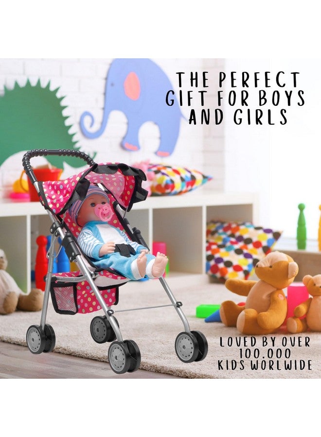 My First Baby Doll Stroller Pink Polka Dot Doll Stroller With Basket Soft Grib Handle. Foldable With Hood Toy Doll Pram Baby Doll Accessories. With 2 Free Bonus Doll Bottles Included