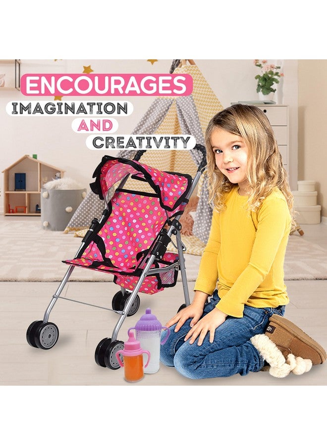 My First Baby Doll Stroller Pink Polka Dot Doll Stroller With Basket Soft Grib Handle. Foldable With Hood Toy Doll Pram Baby Doll Accessories. With 2 Free Bonus Doll Bottles Included