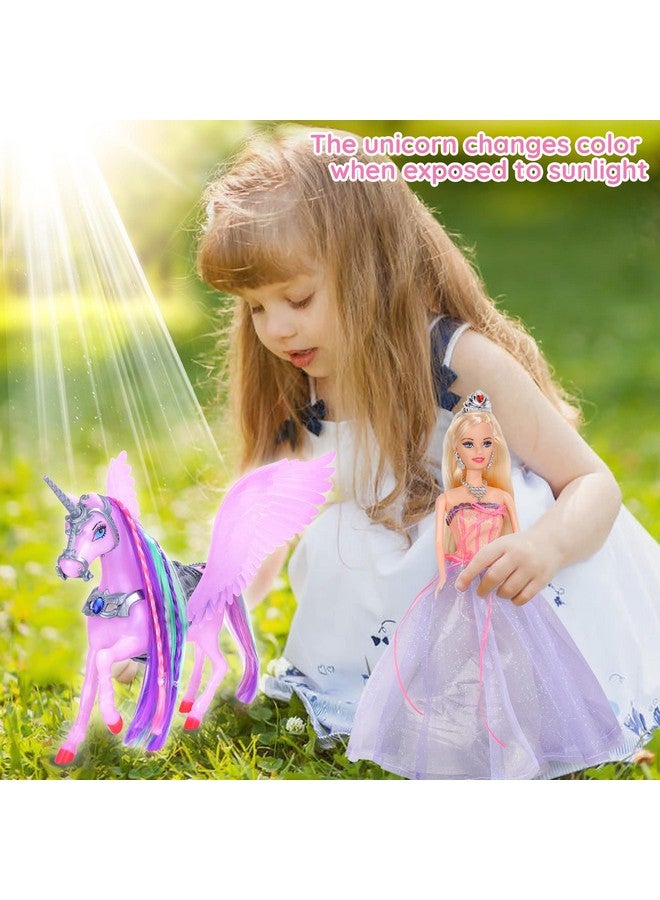 Color Changing Unicorn & Princess Doll, Color Change On Whole Unicorn Under Sunshine, 11.5'' Princess Doll Toy, Unicorn Toys With Removable Saddle&Wings