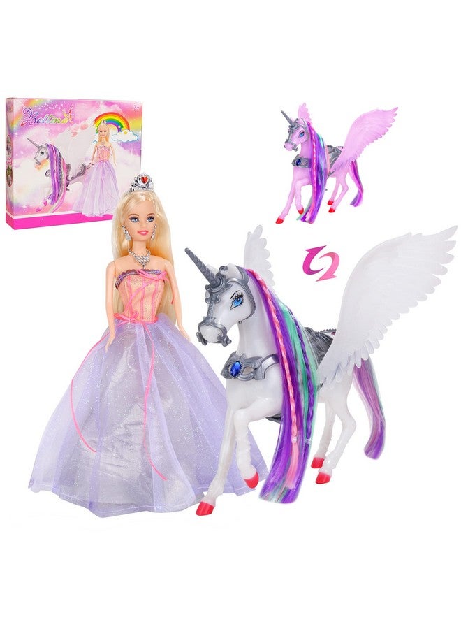 Color Changing Unicorn & Princess Doll, Color Change On Whole Unicorn Under Sunshine, 11.5'' Princess Doll Toy, Unicorn Toys With Removable Saddle&Wings