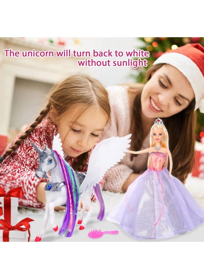 Color Changing Unicorn & Princess Doll, Color Change On Whole Unicorn Under Sunshine, 11.5'' Princess Doll Toy, Unicorn Toys With Removable Saddle&Wings