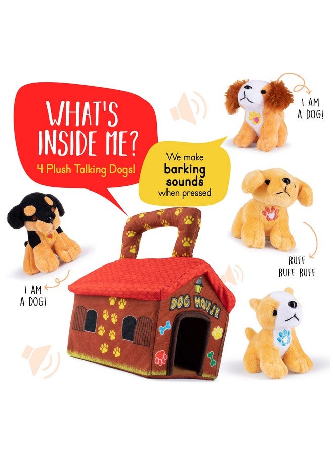 Talking Plush Dog House Carrier With 4 Soft & Cuddly, Talking & Barking, Stuffed Plush Dogs. Excellent Interactive And Educational Plush Toy Set. Great Gift For Kids Toddlers & Babies