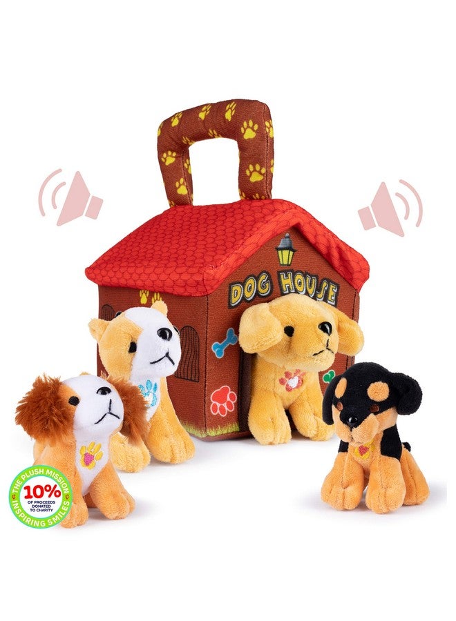 Talking Plush Dog House Carrier With 4 Soft & Cuddly, Talking & Barking, Stuffed Plush Dogs. Excellent Interactive And Educational Plush Toy Set. Great Gift For Kids Toddlers & Babies