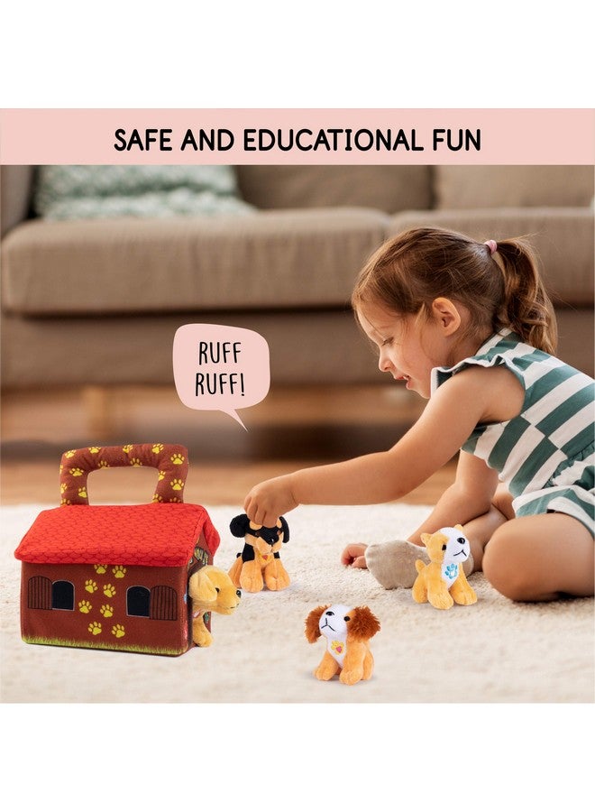Talking Plush Dog House Carrier With 4 Soft & Cuddly, Talking & Barking, Stuffed Plush Dogs. Excellent Interactive And Educational Plush Toy Set. Great Gift For Kids Toddlers & Babies