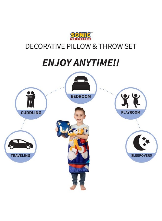 Kids Bedding Super Soft Plush Decorative Pillow And Throw Set, 40 In X 50 In, Sonic The Hedgehog, Anime