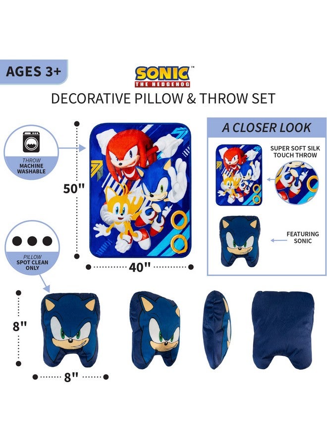 Kids Bedding Super Soft Plush Decorative Pillow And Throw Set, 40 In X 50 In, Sonic The Hedgehog, Anime