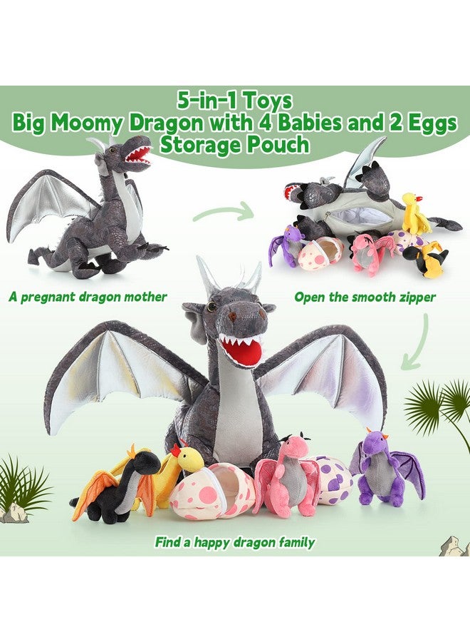 7 Pcs Dragon Plush Stuffed Animal,Pink Dragon Plush Toy Set,Large Stuffed Dragon Plush Bulk,Stuffed Mom Dragon With 4 Babies And 2 Eggs Plush For Girl