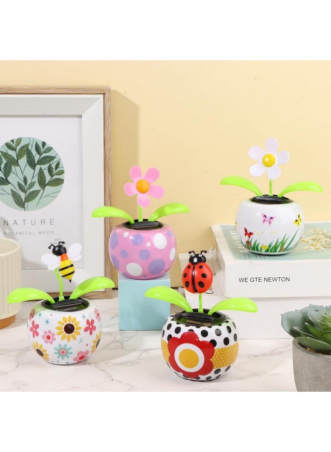 4 Solar Dancing Bee Toy Solar Powered Dancing Sun Flower In Colorful Pots Swinging Ladybug Shape Flip Flap Animated Bobblehead Dancer Window Rose Sun Catcher Car Dashboard Decor