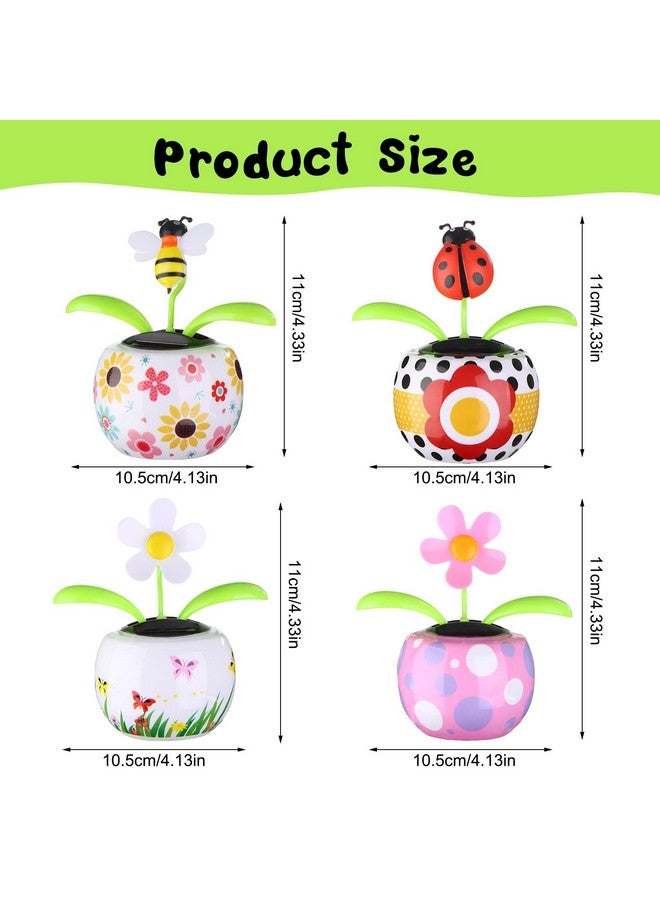 4 Solar Dancing Bee Toy Solar Powered Dancing Sun Flower In Colorful Pots Swinging Ladybug Shape Flip Flap Animated Bobblehead Dancer Window Rose Sun Catcher Car Dashboard Decor