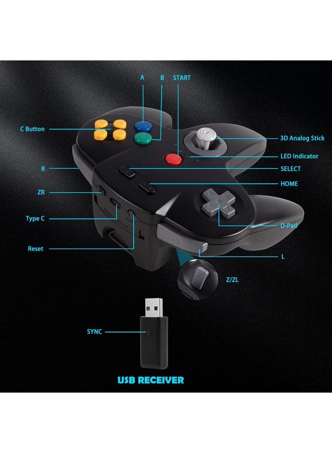 2.4 Ghz Wireless Usb Controller Compatible With Switch Online, Usb N64 Controller For Windows Pc Mac Linux Raspberry Pi Retropie Switch Nso, Rechargeable, Plug And Play (2 Pack Black)