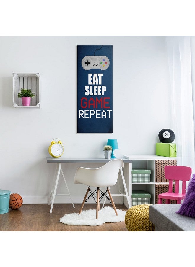 Eat Sleep Game Repeat Pixel Typography Vintage Controller, Designed By Kim Allen Canvas Wall Art, 20 X 48, Blue