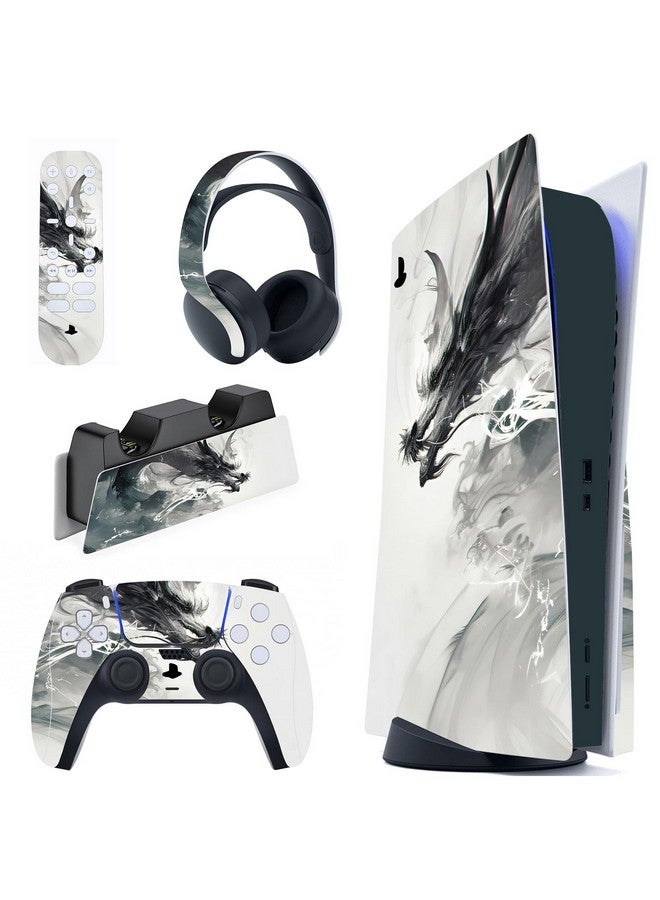 Full Set Skin Decal For Ps5 Console Disc Edition, Vinyl Sticker Decal Cover For Ps5 Controller & Charging Station & Headset & Media Remote Ink Spirit Dragon