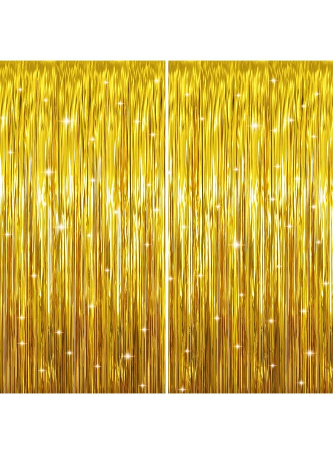 6.4 Ft X 9.8 Ft Metallic Tinsel Foil Fringe Curtains Pack Of 2 Party Streamer Backdrop For Birthday Graduation Decorations And New Year Eve (Gold)