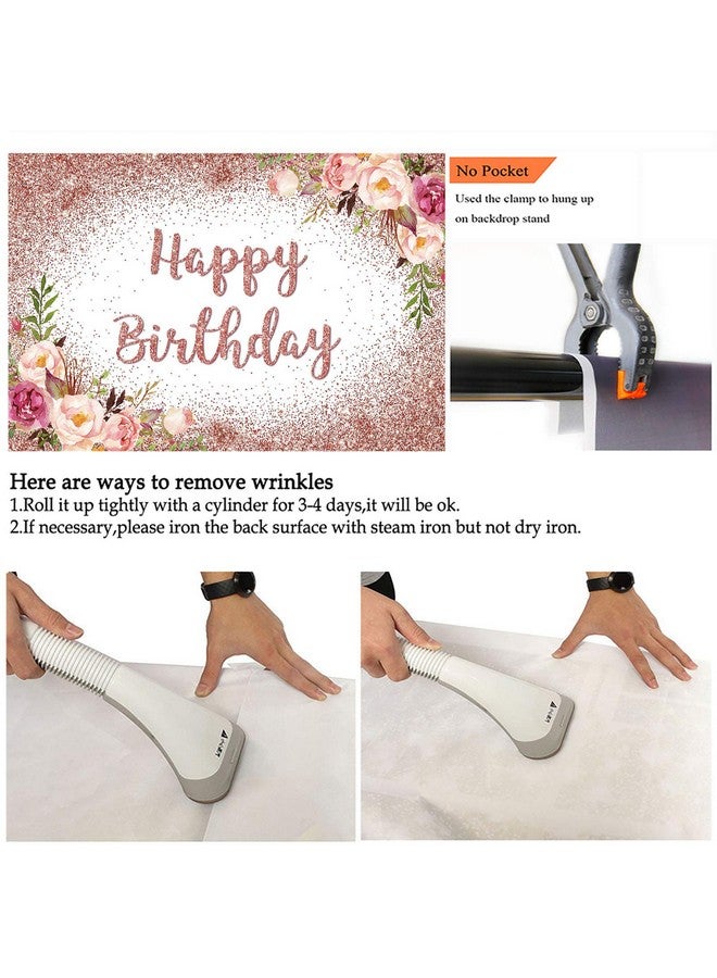 Rose Gold Birthday Backdrop For Girls Women Happy Birthday Party Photography Background Blush Pink Floral Rose Gold Glitters Confetti Bday Decoration Photoshoot Banner (7X5Ft)