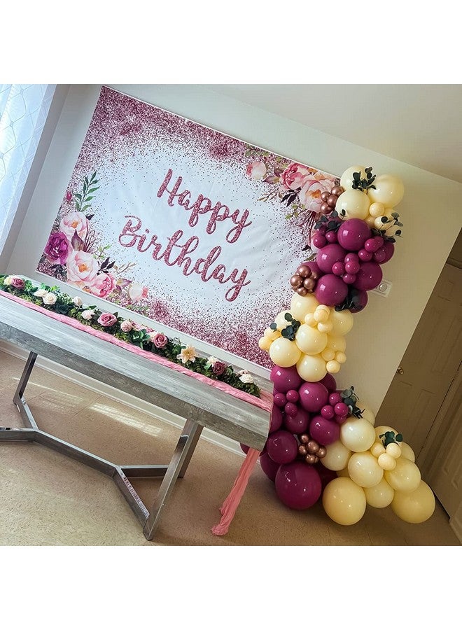 Rose Gold Birthday Backdrop For Girls Women Happy Birthday Party Photography Background Blush Pink Floral Rose Gold Glitters Confetti Bday Decoration Photoshoot Banner (7X5Ft)