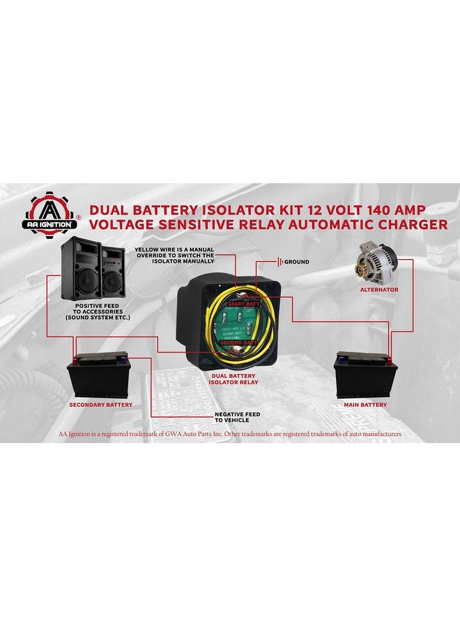 Dual Battery Isolator Kit 12 Volt 140 Amp Voltage Sensitive Relay Complete Vsr Double Battery Automatic Charger Fits Trucks Atv Suv Utv Boats And More Safe Water And Vibration Resistant