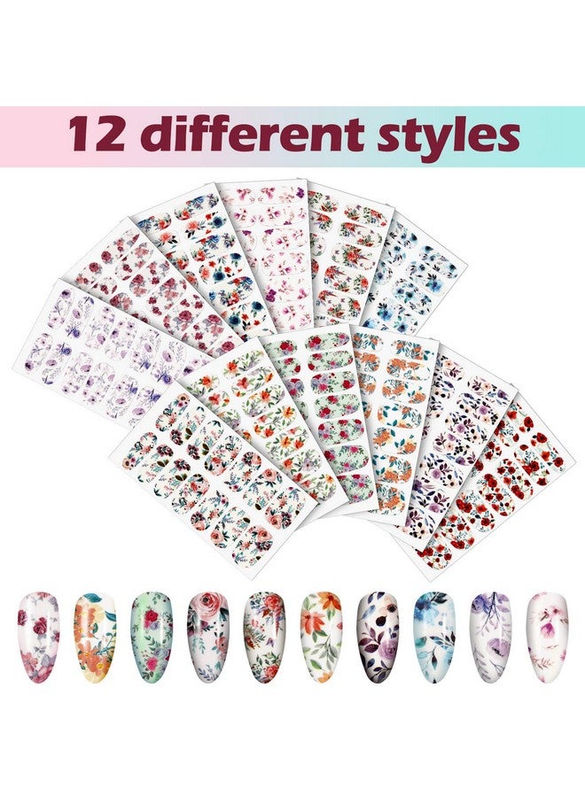 168 Pieces 12 Sheets Full Wraps Nail Polish Stickers Flower Print Selfadhesive Nail Art Decal Strips Manicure Kits Colorful Flower Full Cover Nail Decal Strips With Nail File (Bright Style)