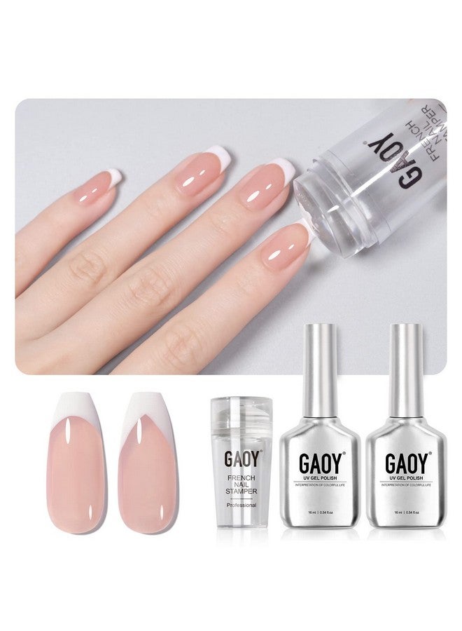 French Manicure Kit Nail Stamper And 2Pcs Gel Nail Polish Include Nude Jelly Pink White Colors For French Tip Uv Light Cure