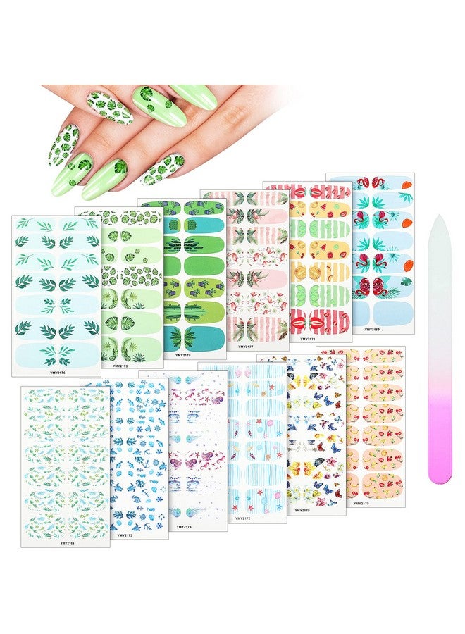 168 Pieces 12 Sheets Nail Strips Summer Full Wrap Nail Polish Stickers Nail Wraps Self Adhesive Nail Art Decal Strip With Nail File Manicure Kits For Women Girl Diy Nail