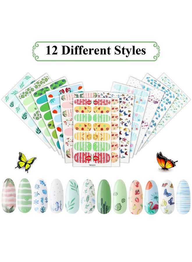 168 Pieces 12 Sheets Nail Strips Summer Full Wrap Nail Polish Stickers Nail Wraps Self Adhesive Nail Art Decal Strip With Nail File Manicure Kits For Women Girl Diy Nail