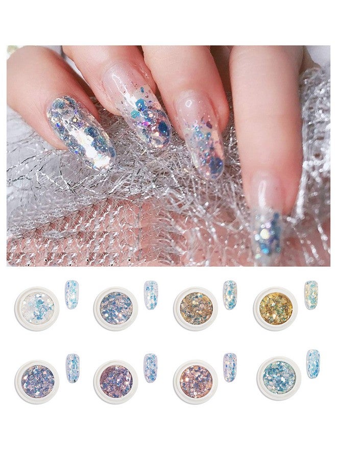 8 Pcs. Diy Nail Art Gradient Glitter Magic Color Changing Laser Thin Sequins Mixed Mirror Hexagon Shape Mermaid Flakes Spangles Palette Craft Glitters Holographic Manicure (8 Pcs)