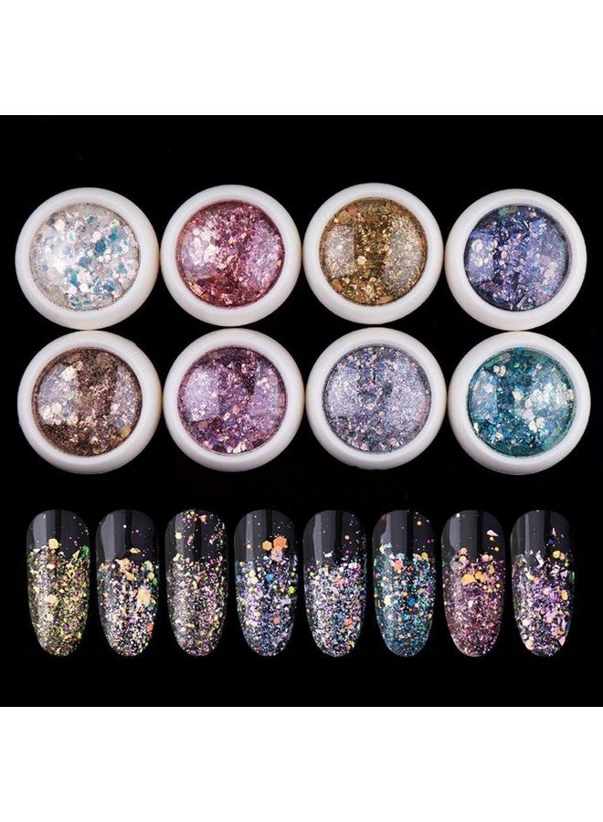 8 Pcs. Diy Nail Art Gradient Glitter Magic Color Changing Laser Thin Sequins Mixed Mirror Hexagon Shape Mermaid Flakes Spangles Palette Craft Glitters Holographic Manicure (8 Pcs)