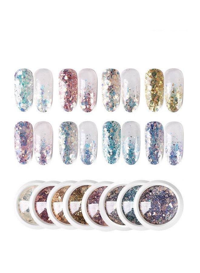 8 Pcs. Diy Nail Art Gradient Glitter Magic Color Changing Laser Thin Sequins Mixed Mirror Hexagon Shape Mermaid Flakes Spangles Palette Craft Glitters Holographic Manicure (8 Pcs)