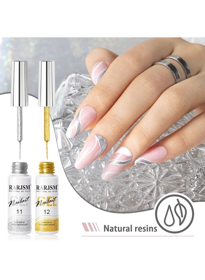 Gel Liner Nail Art Silver Gold Glitter Nail Design Polish Painted Gel Nail Polish Set 2Pcs Soak Off Curing Requires 8Ml Build In Thin Brush For Home Salon Diy Nail Decoration Dotting Painting