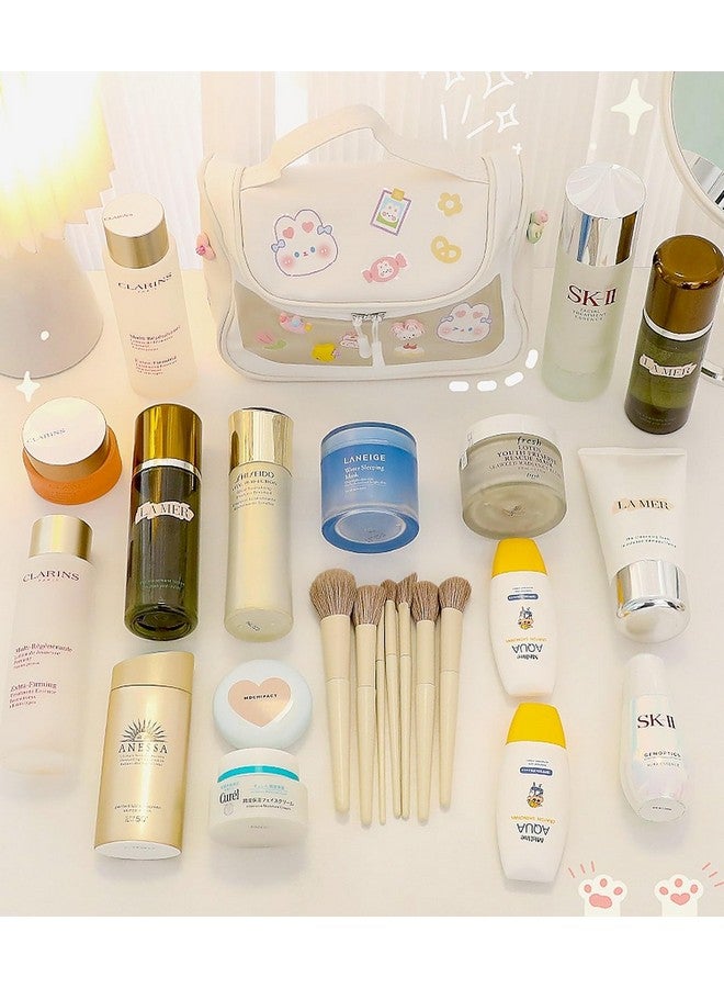 Travel Cosmetic Bag Toiletry Vanity Large Makeup Kit Storage Organizer Grooming Make Up Bag With Bear Cute Sticker White 18 Cms