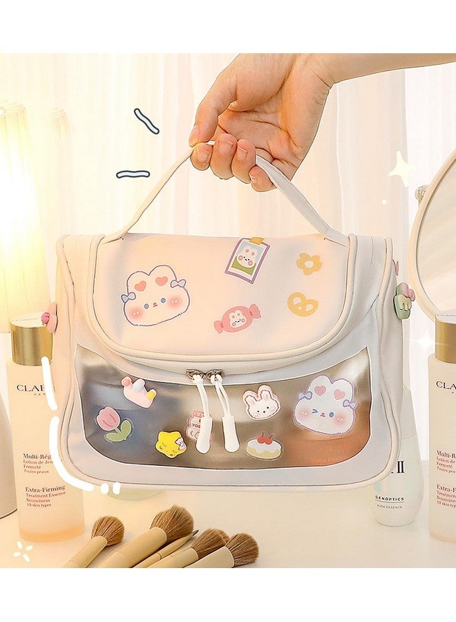 Travel Cosmetic Bag Toiletry Vanity Large Makeup Kit Storage Organizer Grooming Make Up Bag With Bear Cute Sticker White 18 Cms