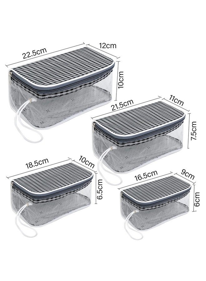 Set Of 4 Multipurpose Transparent Travel Accessories Pouch, Women Makeup Organizer Pouch, Comfortable And Trendy To Store While Travelling (Grey & Black Checks, 22.5 X 12 X 10 Cm)