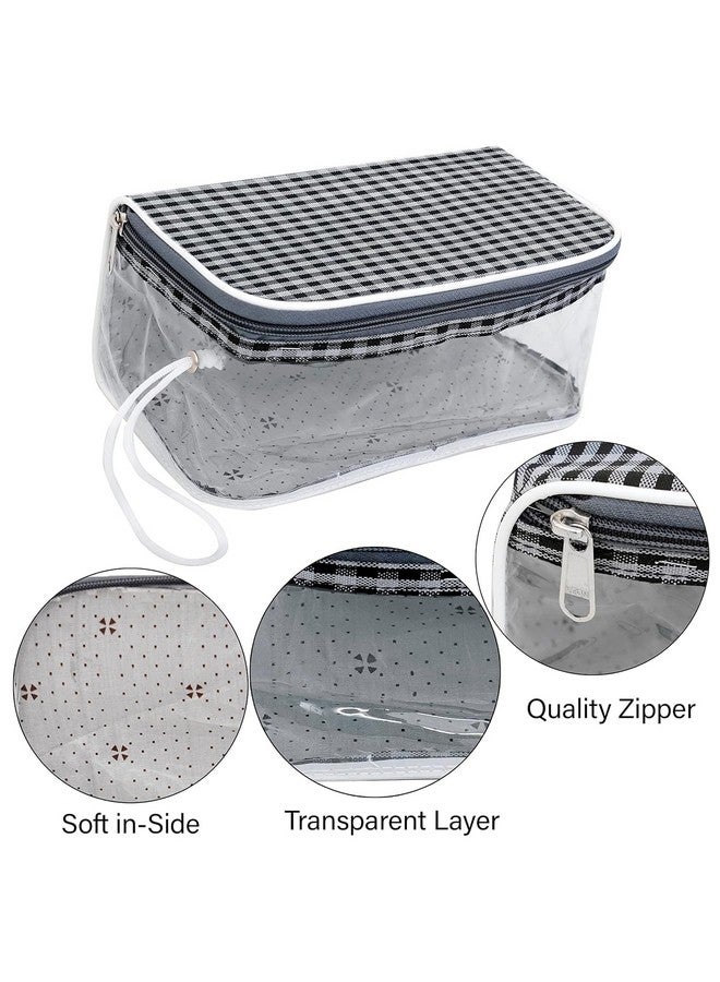 Set Of 4 Multipurpose Transparent Travel Accessories Pouch, Women Makeup Organizer Pouch, Comfortable And Trendy To Store While Travelling (Grey & Black Checks, 22.5 X 12 X 10 Cm)