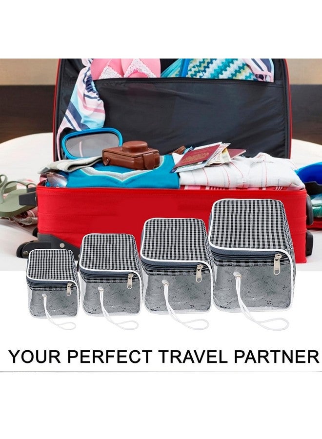 Set Of 4 Multipurpose Transparent Travel Accessories Pouch, Women Makeup Organizer Pouch, Comfortable And Trendy To Store While Travelling (Grey & Black Checks, 22.5 X 12 X 10 Cm)