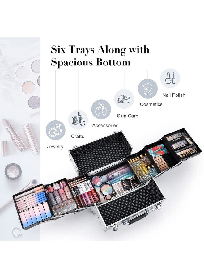 Makeup Case Cosmetic Organizer Case Extra Large 12 Inch 6 Trays Portable Makeup Organizer Case Make Up Carrying Box With Lockable For Esthetician Nail Students Craft Travel Glitter Silver