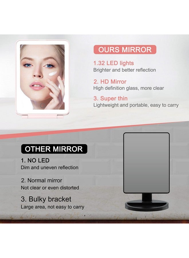 Led Makeup Mirror For Travel, 32 Leds Lighted Vanity Mirrors With Dimmable Lighting,Compact, Slim, Rechargeable Lighted Mirror, Folding Makeup Mirror For Beauty (Pink)