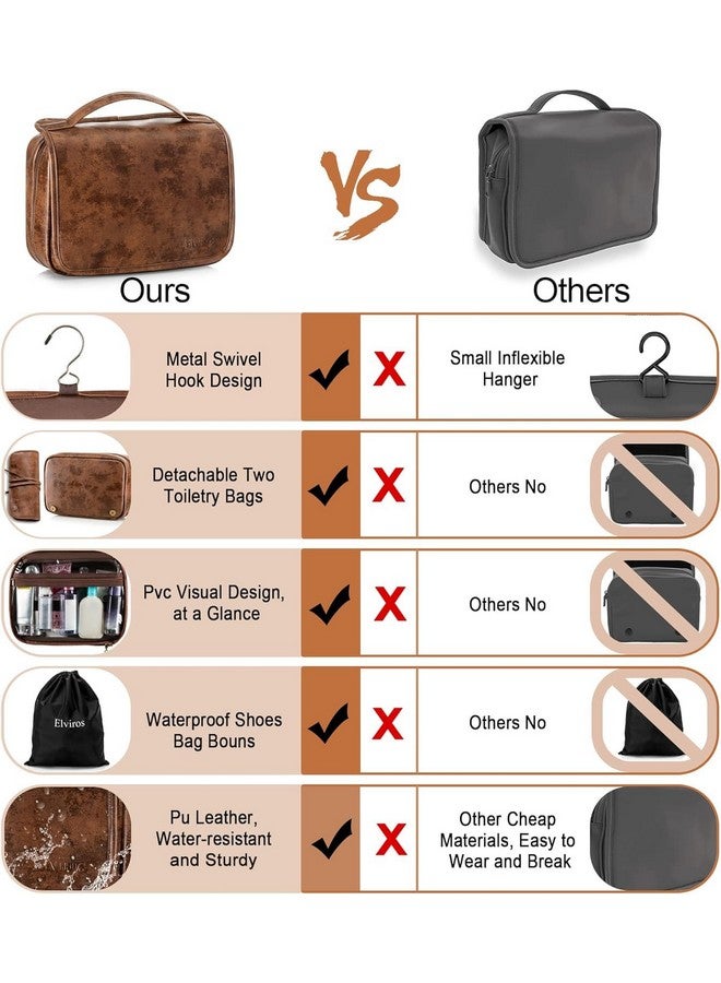 Hanging Toiletry Bag Removable Travel Bag Pu Leather Makeup Cosmetic Organizer Kit, Dark Brown