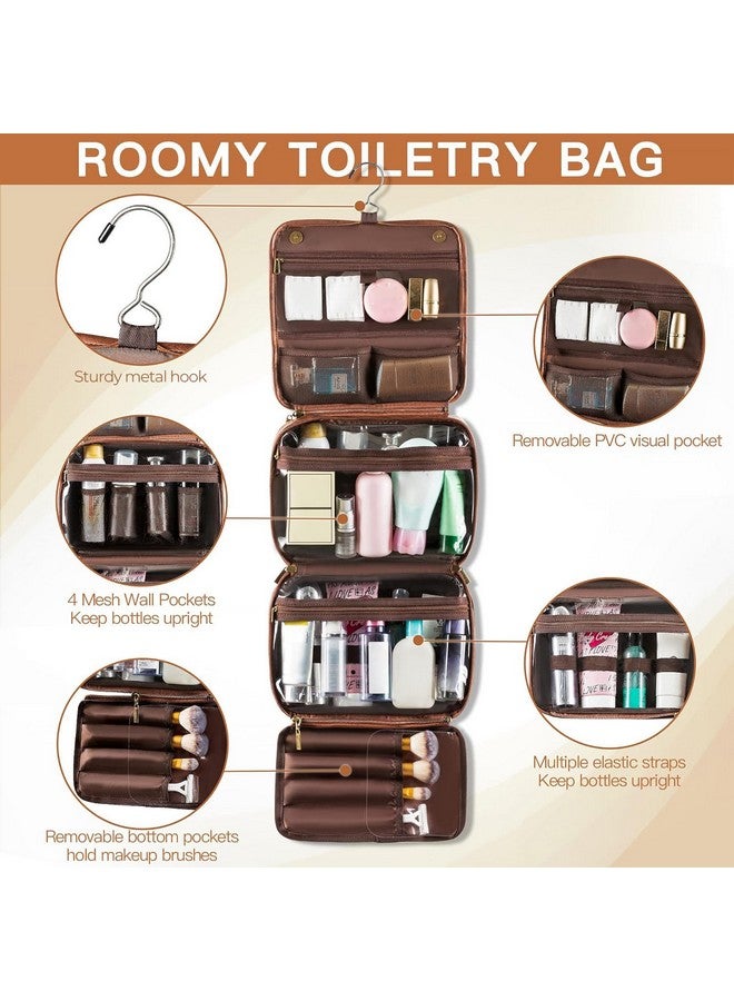 Hanging Toiletry Bag Removable Travel Bag Pu Leather Makeup Cosmetic Organizer Kit, Dark Brown