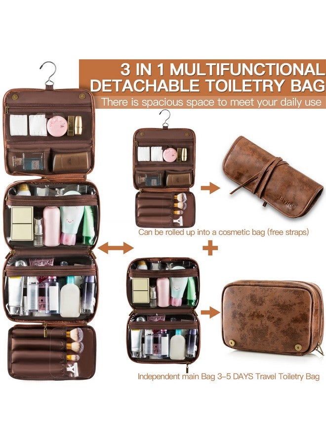 Hanging Toiletry Bag Removable Travel Bag Pu Leather Makeup Cosmetic Organizer Kit, Dark Brown