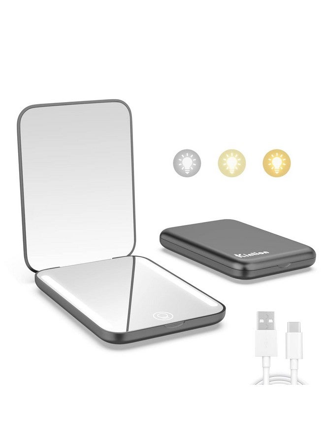 Rechargeable Pocket Mirror, Double Sided 1X/3X Magnification Compact Vanity Mirror, 3 Color Lights, Dimmable, Small Portable Wallet Mirror, Lighted Travel Mirror For Women Gifts, Black