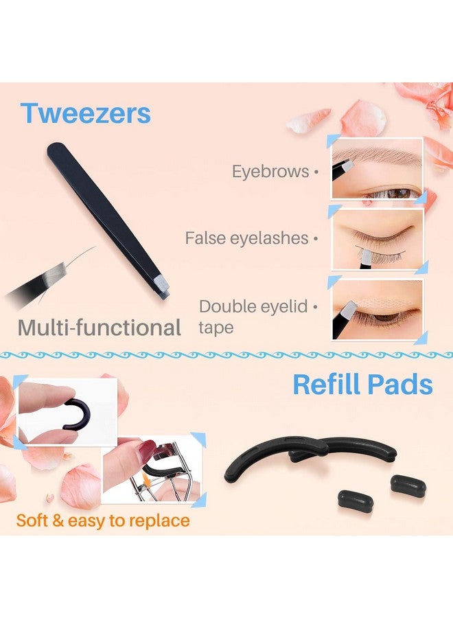 Eyelash Curler Mini Partial Eyelash Curler Eyebrow Tweezers 3 In 1 With Replacement Refill Pads And Travel Bag Rose Gold